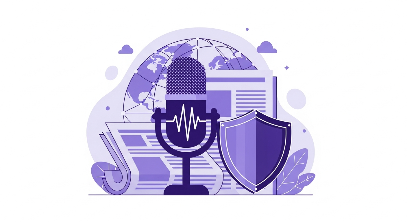 Pressefreiheit-Illustration: Mikrofon und Schutzsymbol